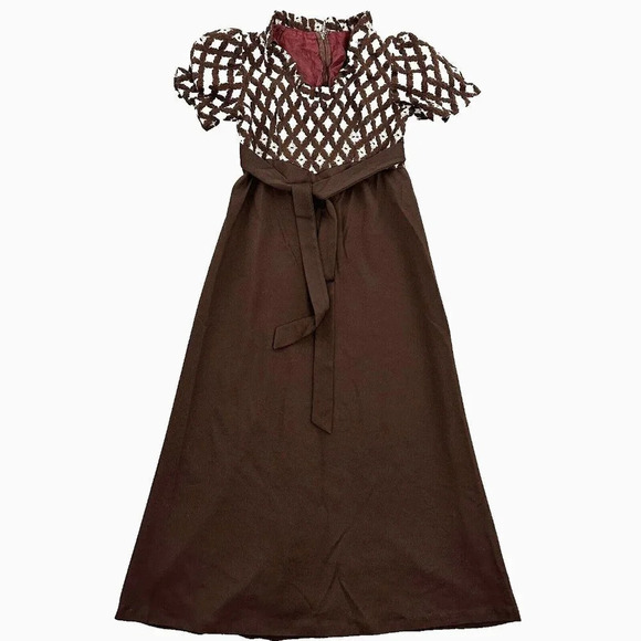 Vintage 70s Maxi Dress Womens Small Argyle Diamon Empire Waist Belted - Picture 1 of 16